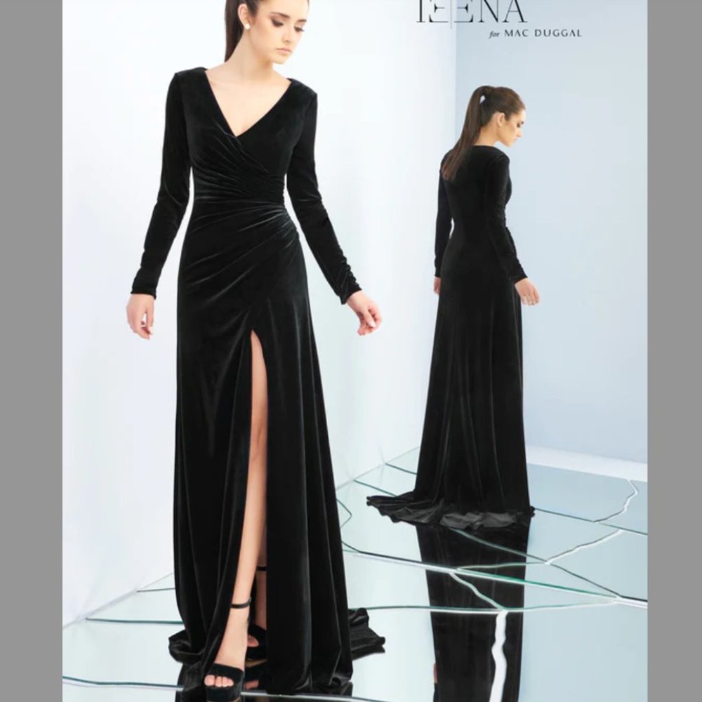 Eggplant Leena for Mac Duggal gown, purple velvet long sleeve v-neck slit train